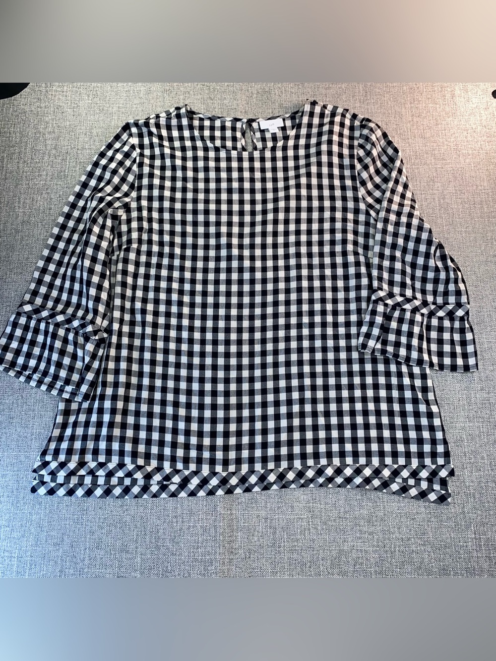 J. Jill Top Women Black White Gingham Check Tunic Rayon Stretch Ruffle Cuff XL